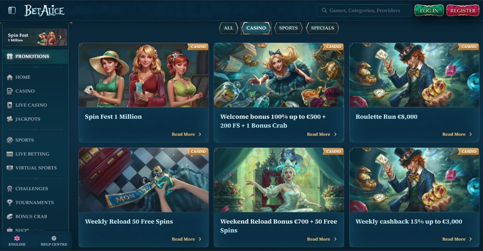 BetAlice Casino promotions page listing all the casino bonuses such as welcome bonus, roulette run, weekly reload, weekend reload and cashback bonus