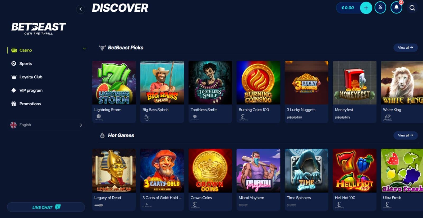 BetBeast Casino games page featuring slot game icons and categories of slots and side navigation menus for game selection