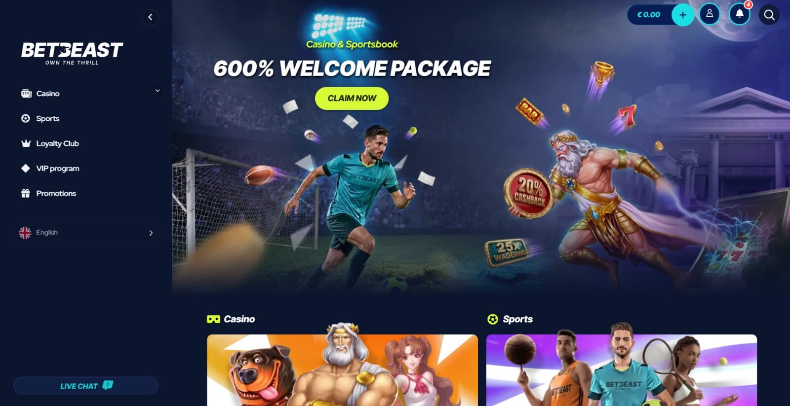 BetBeast Casino landing page with the welcome bonus offers banner and side navigation menus with game icons below