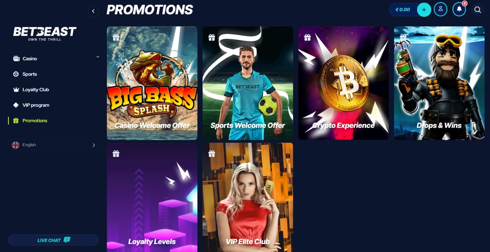 BetBeast Casino promotions page featuring the welcome casino bonus pack, crypto welcome bonus, and sports welcome bonuses with respective banners and side menu