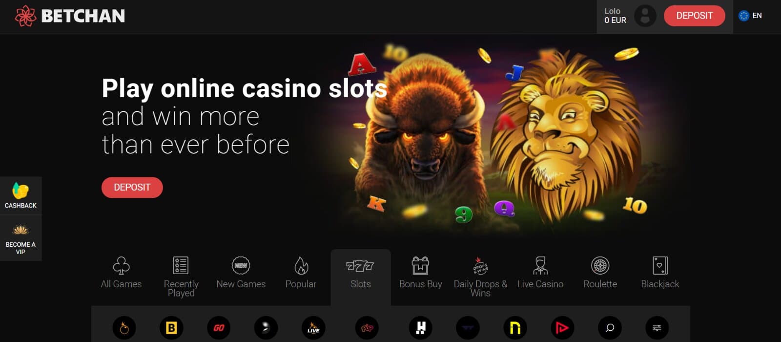 Betchan Casino Landing page featuring banner with online slots, main game lobby tabs, and buttons for cashback and VIP bonuses