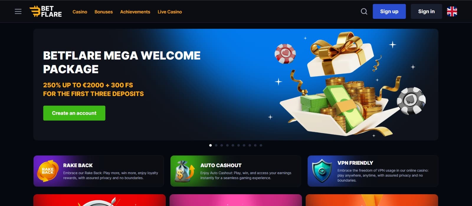 BetFlare Casino landing page with mega welcome bonus package over banner with cash and coins present box