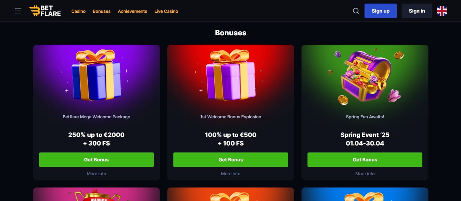 BetFlare Casino promotions page with mega welcome bonus and spring event promotion