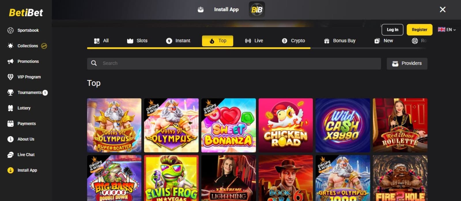 BetiBet Casino's top games page, showing exciting titles, including Gates of Olympus and Sweet Bonanza.