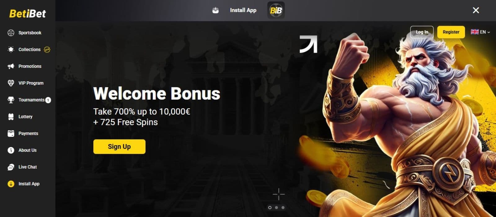 BetiBet Casino’s homepage, showing the welcome package flanked by a sidebar menu and a game avatar.