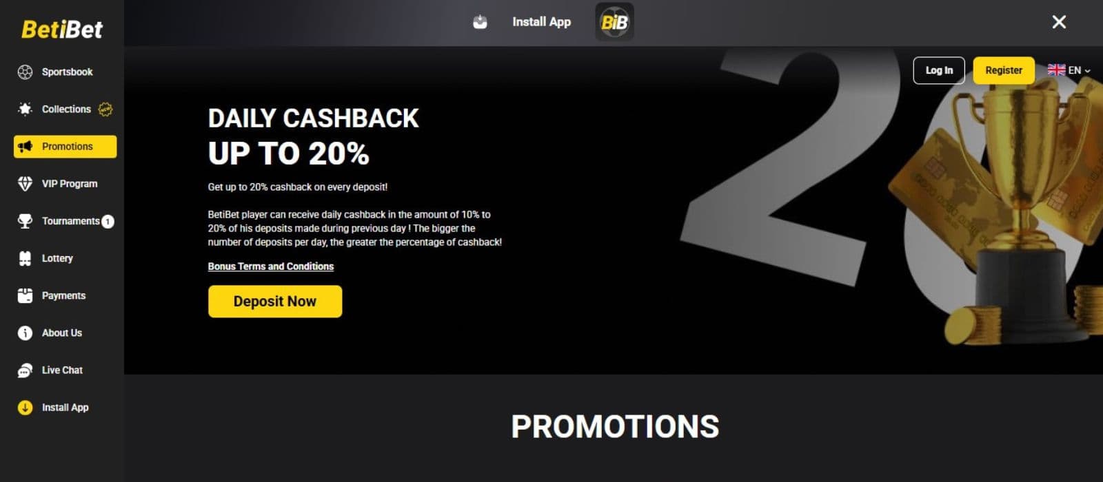 BetiBet Casino's promotion page, showing daily cashback of up to 20%.
