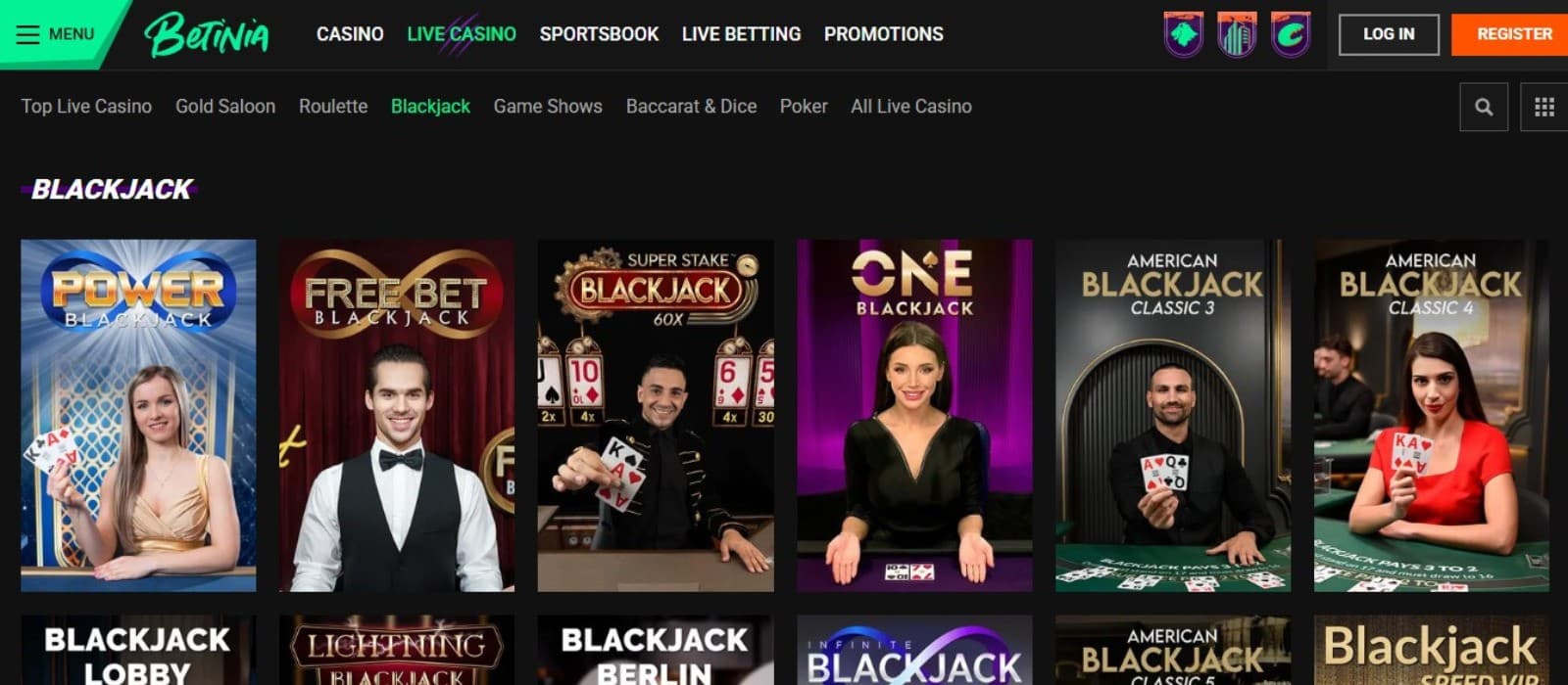 Betinia Casino's live games category, showing variations of blackjack.