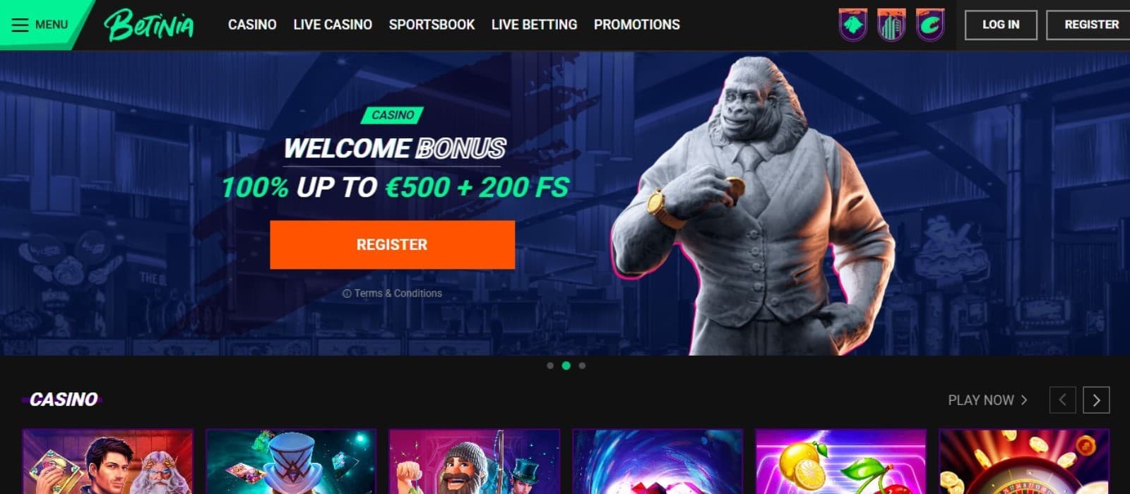 Betinia Casino's homepage, showing the welcome bonus flanked by a game avatar.