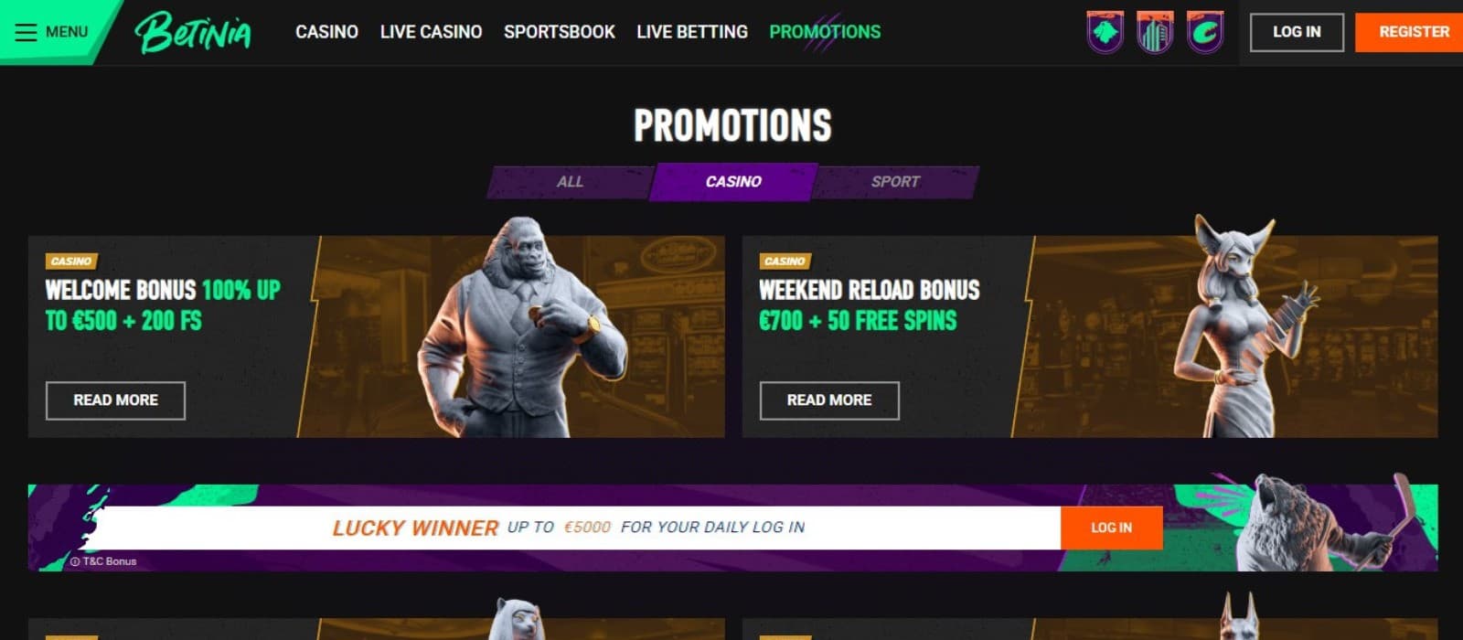 Betinia Casino's promotions page, showing the welcome and weekend reload bonuses.