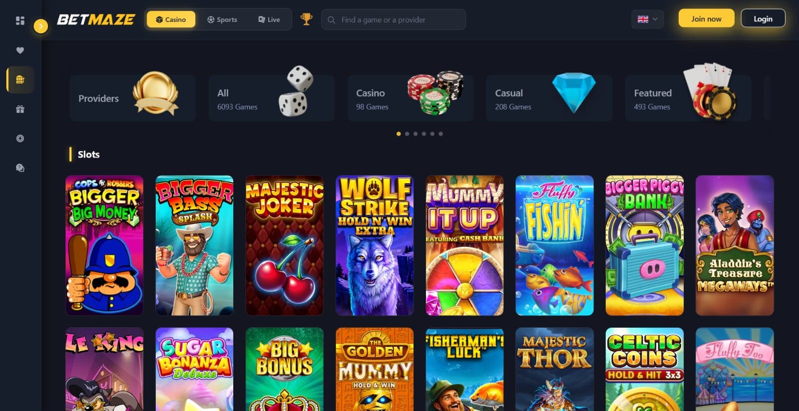 Betmaze Caino's games page featuring the slot game titles and icons under the general lobby tabs