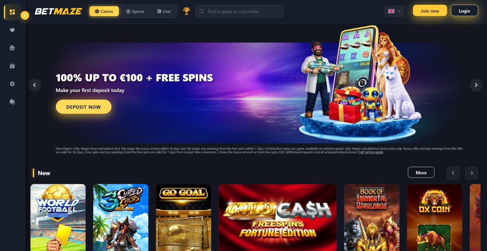 Betmaze Casino's landing page with the welcome package banner above new slot section 