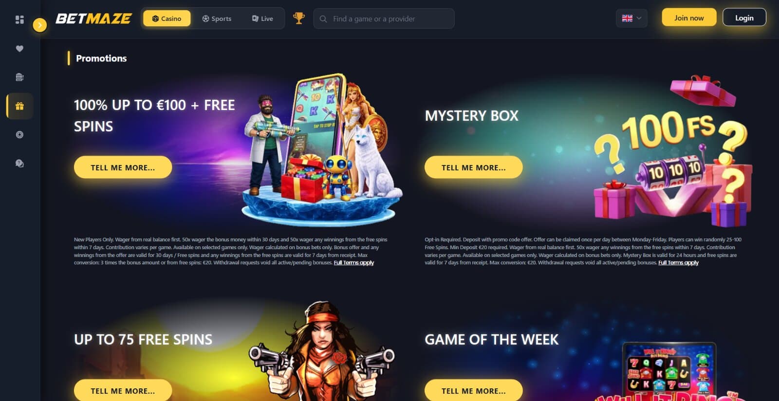 Betmaze Casino's promotions page featuring the welcome offer, mystery boxes, free spin reloads, prize wheels and other slot tournaments