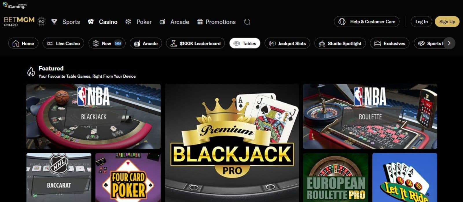 BetMGM Casino's table games category, showing variations of poker, roulette, and blackjack.
