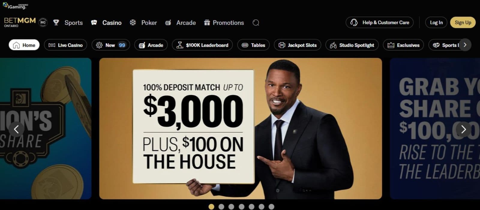 BetMGM Casino's homepage, showing the welcome bonus banner and a horizontal menu.