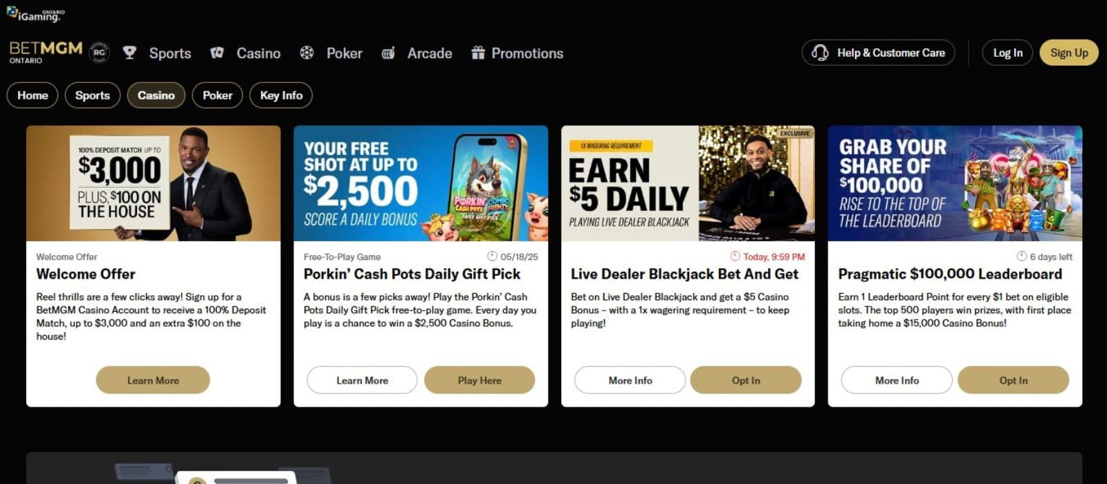 BetMGM Casino's promotions page, showing the welcome bonus and other daily offers.