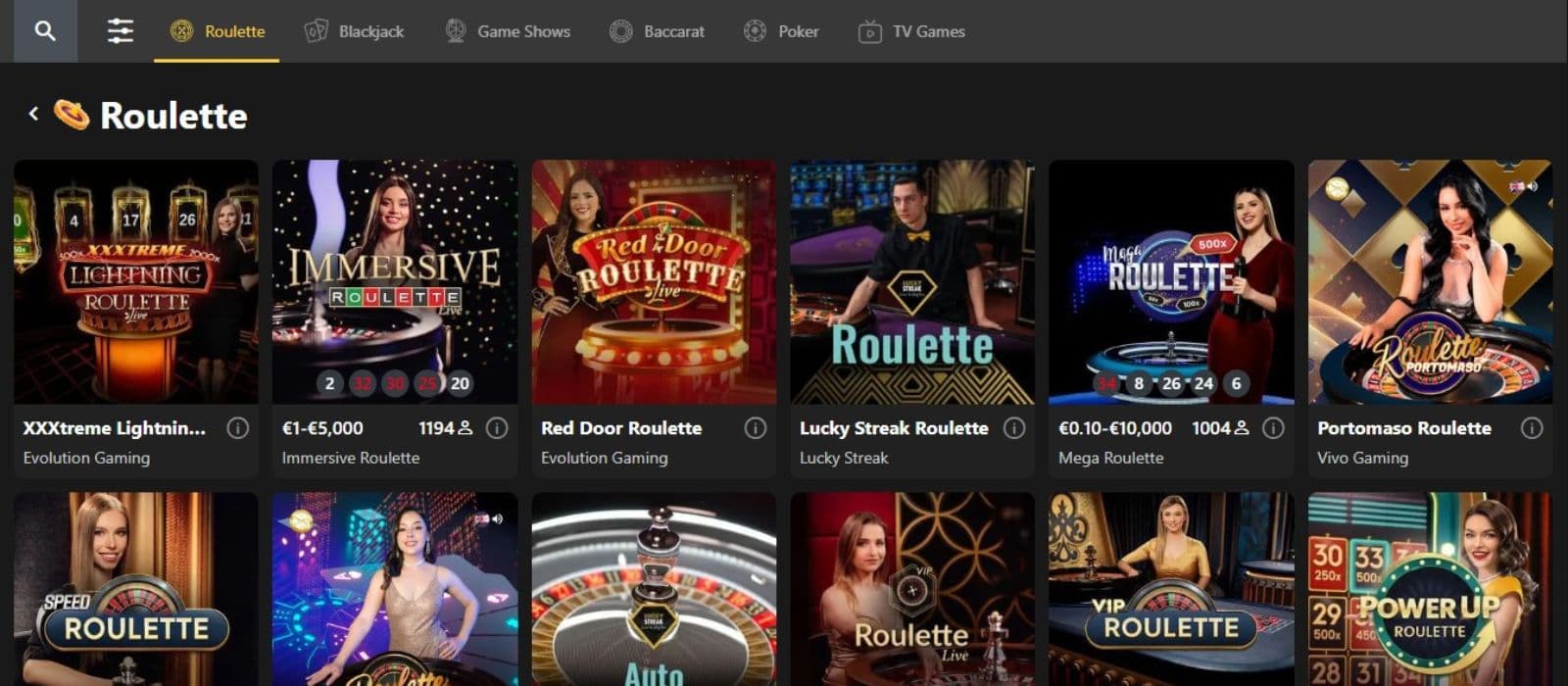 Bet O Bet Casino's live games section, showing variations of roulette.