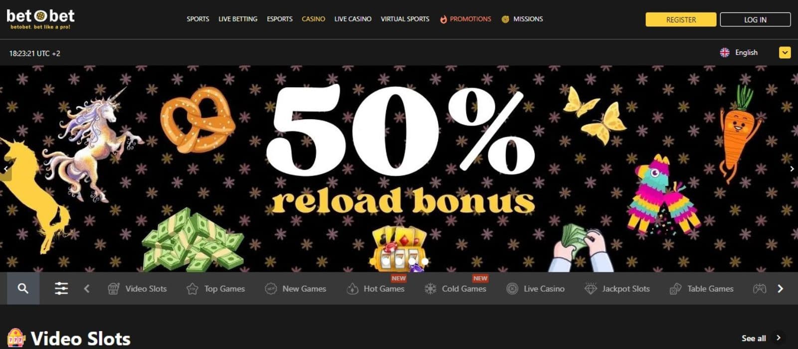 Bet O Bet Casino's homepage, showing 50% weekly reload bonus.