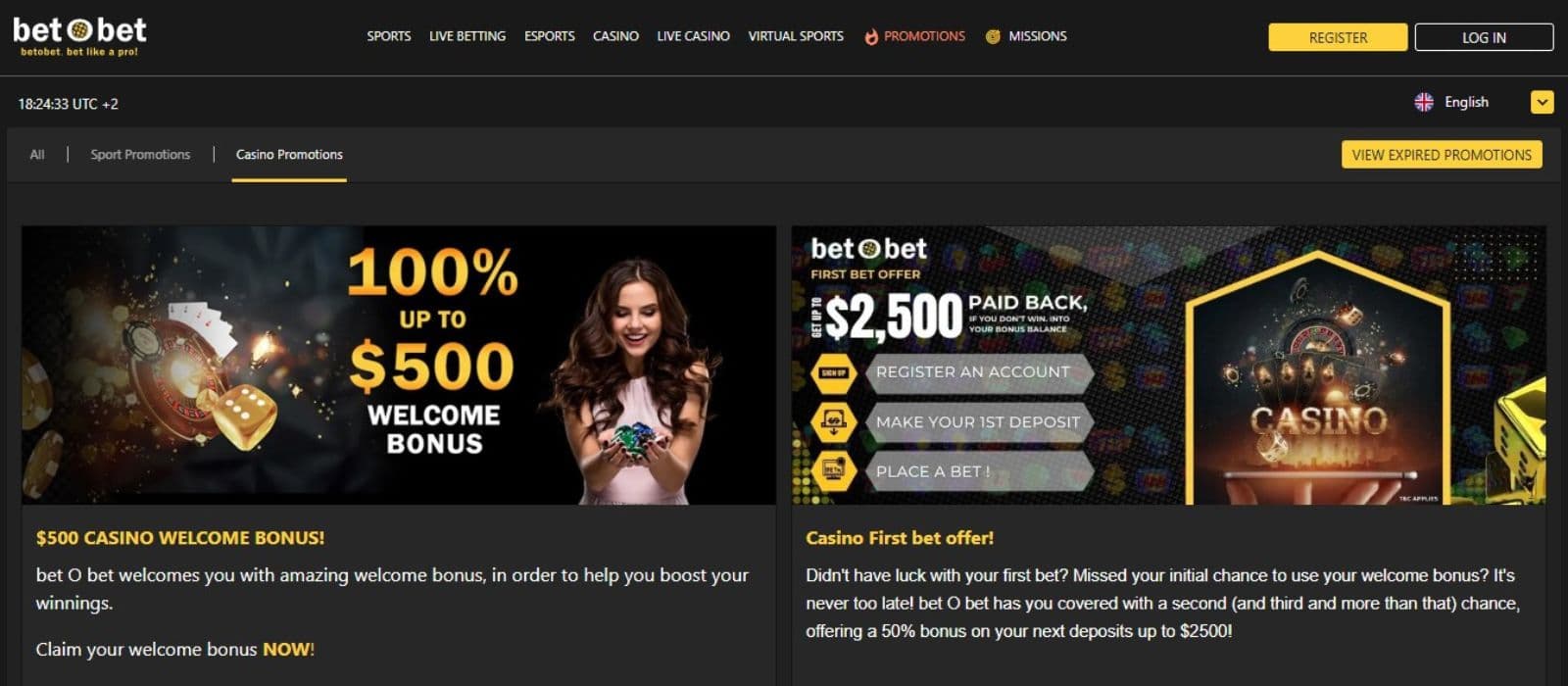 Bet O Bet Casino's promotions page, showing a welcome bonus worth up to €500 and other promotions.