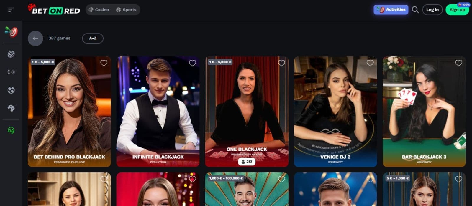 BetOnRed Casino’s live casino category, showing variations of blackjack.