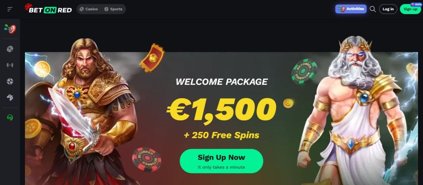 BetOnRed Casino’s homepage, showing the welcome package worth up to €1,500 plus 250 free spins, and some game avatars.