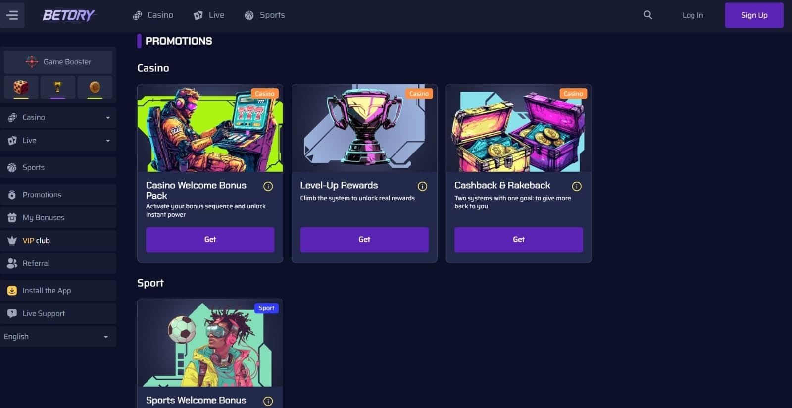 Betory Casino's promotions page featuring the welcome bonus, leveul up VIP rewards, cashback and rakeback bonuses, and sports bonus