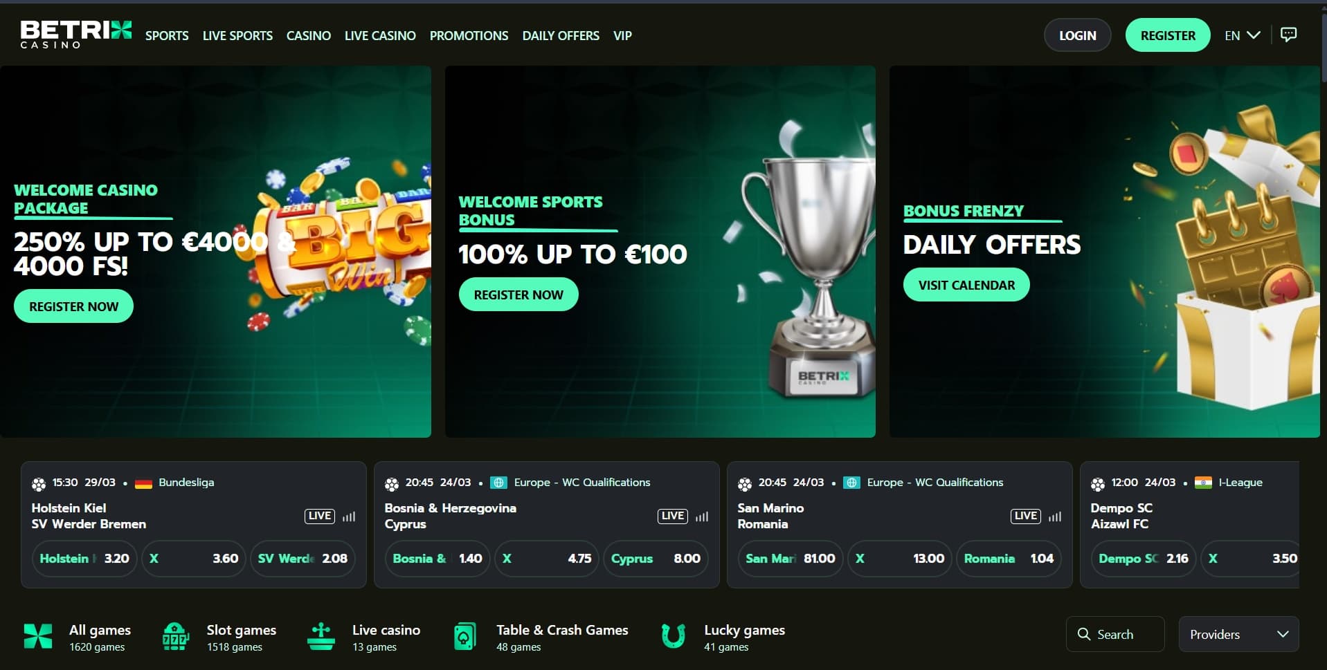 Betrix Casino landing page with bonus reels, sports betting odds and game categories