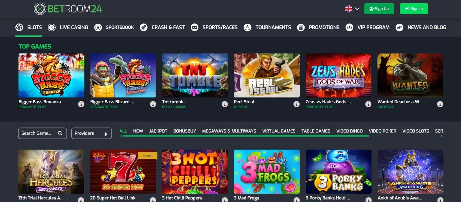 Betroom24 Casino games page featuring top slots such as Zeus Vs Hades, Wanted dead or a wild, Bigger Bass bonanza and search filters