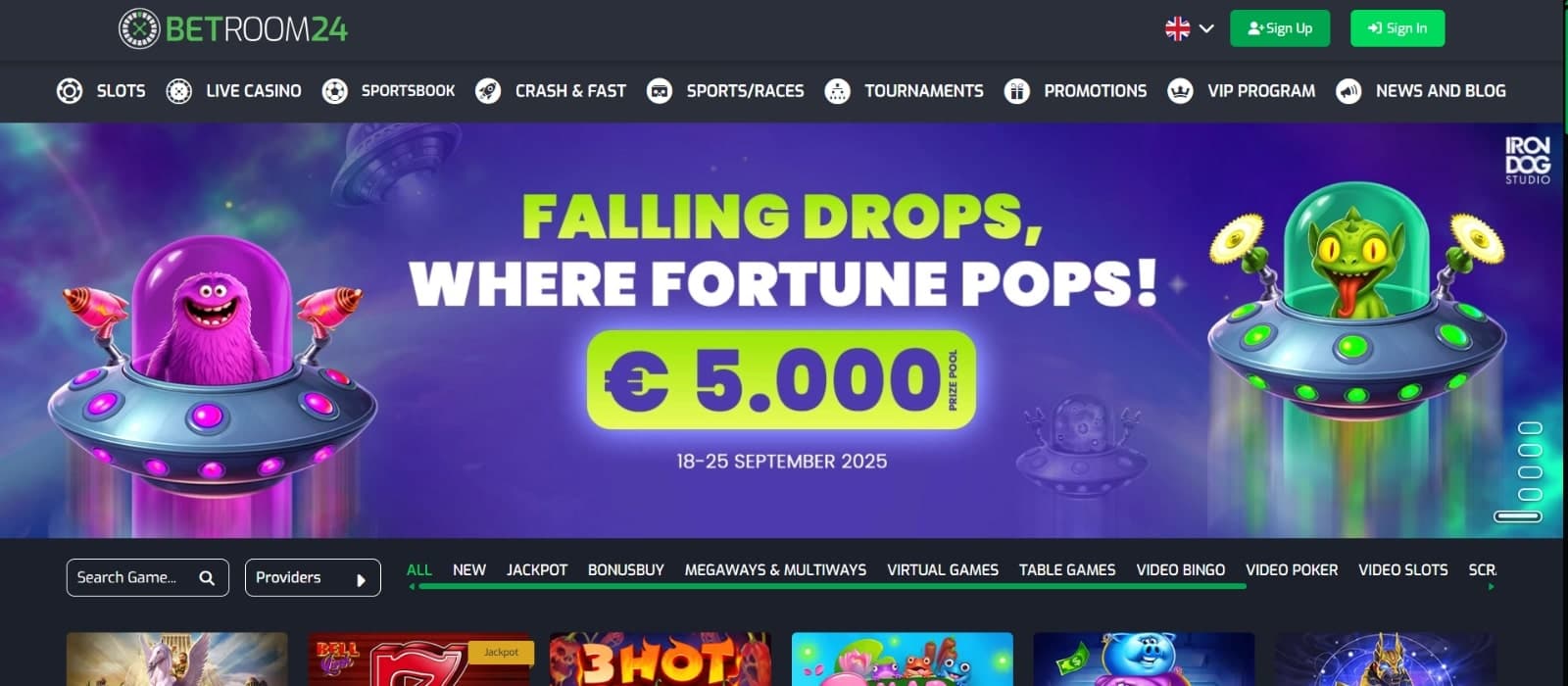 Betroom24 casino landing page with the September promotion of 5000 euros over image with aliens