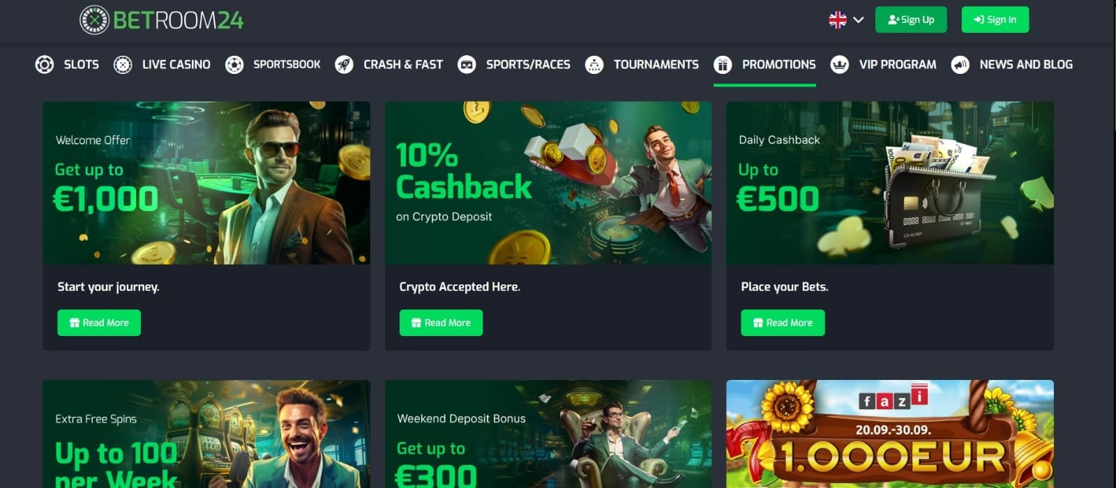Betroom24 Casino's promotion page featuring the welcome bonus, 10% crypto cashback, daily cashback, free spins, weekend reload bonus