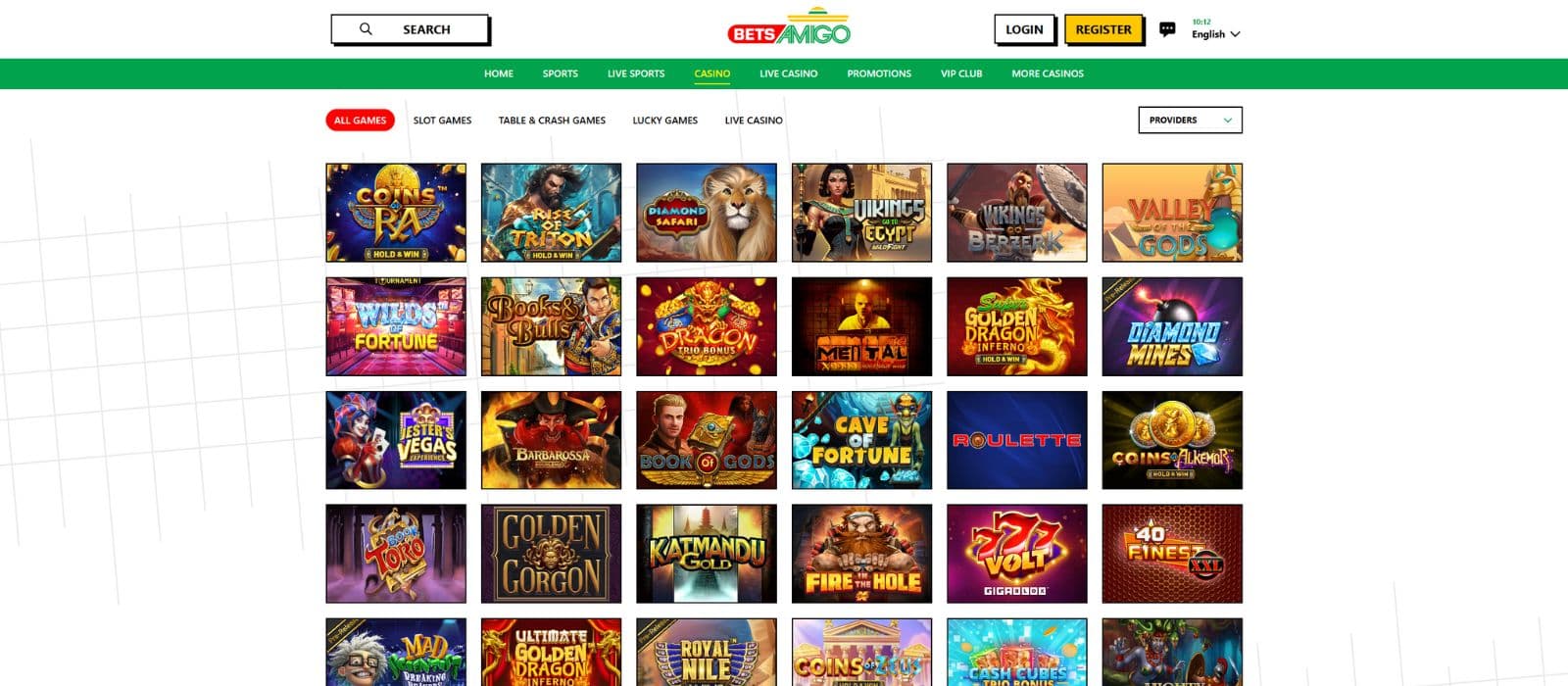 Betsamigo games page showing a selection of slots and the different game categories