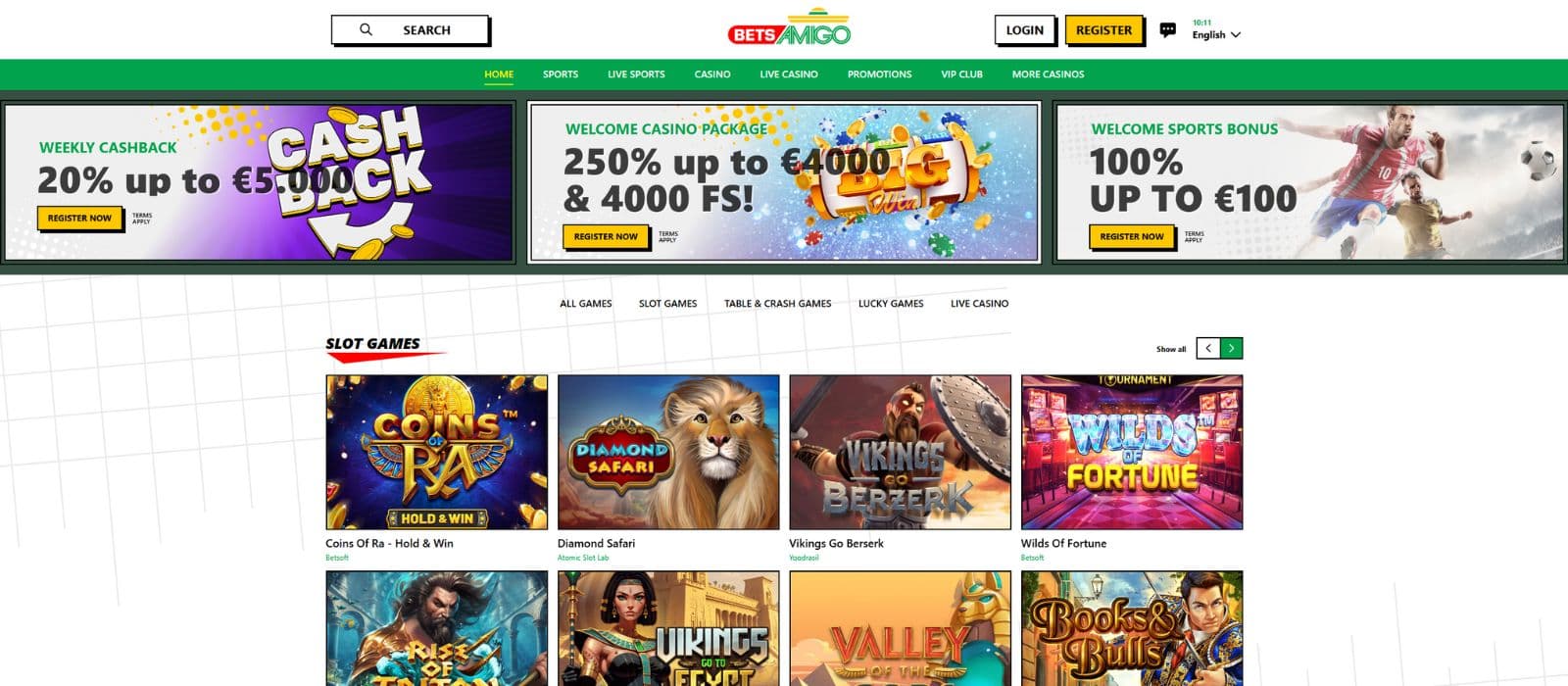 Betsamigo landing page showing the welcome offers and promotions as well as a selection of slot games