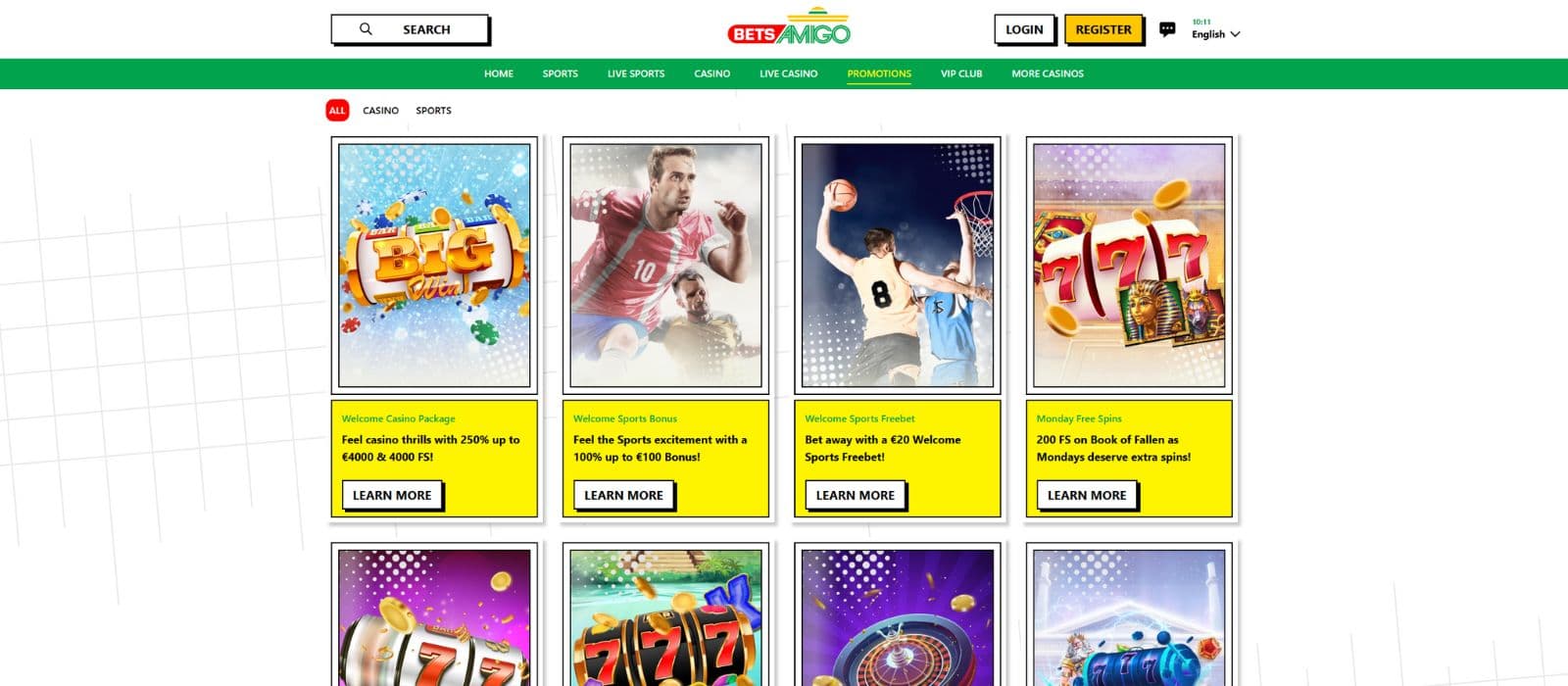 Betsamigo promotion page showing the available bonus offers for casino and sports betting