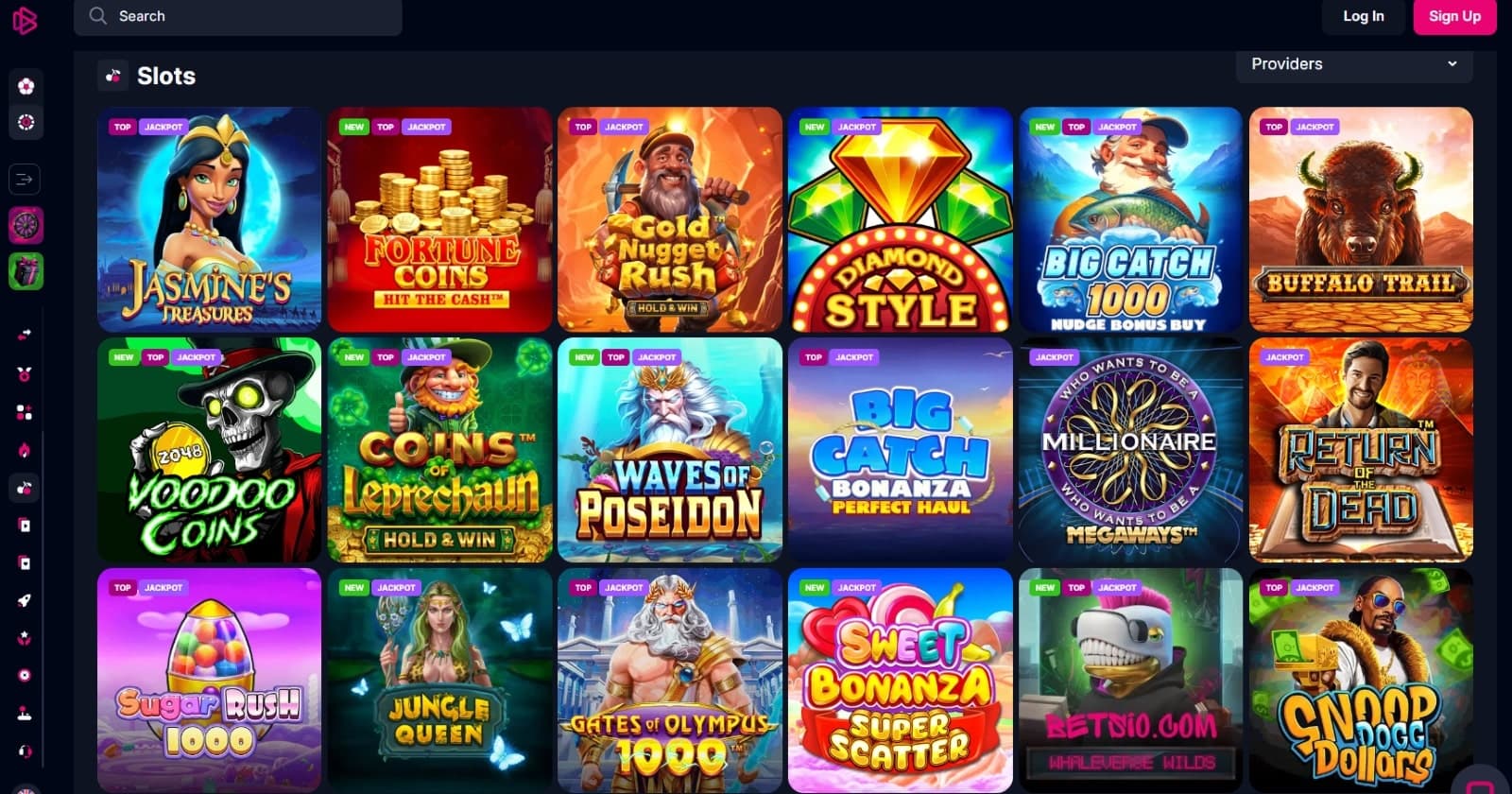  The games section of Betsio Casino showcases a wide variety of slots, such as Snoop Dogg Dollars, Sweet Bonanza, Gates of Olympus