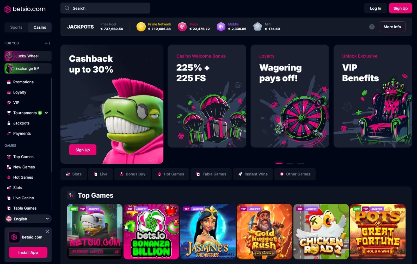 The landing page of Betsio Casino displays the current casino bonuses, such as the welcome bonus of 11,500 euros.