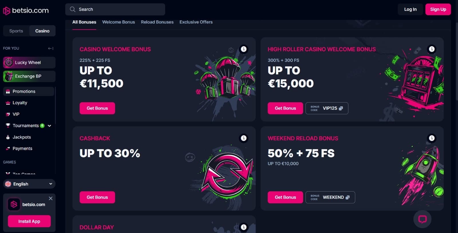 Betsio Casino promotions page listing the welcome bonus, high roller casino bonus, cashback and weekend reload bonus
