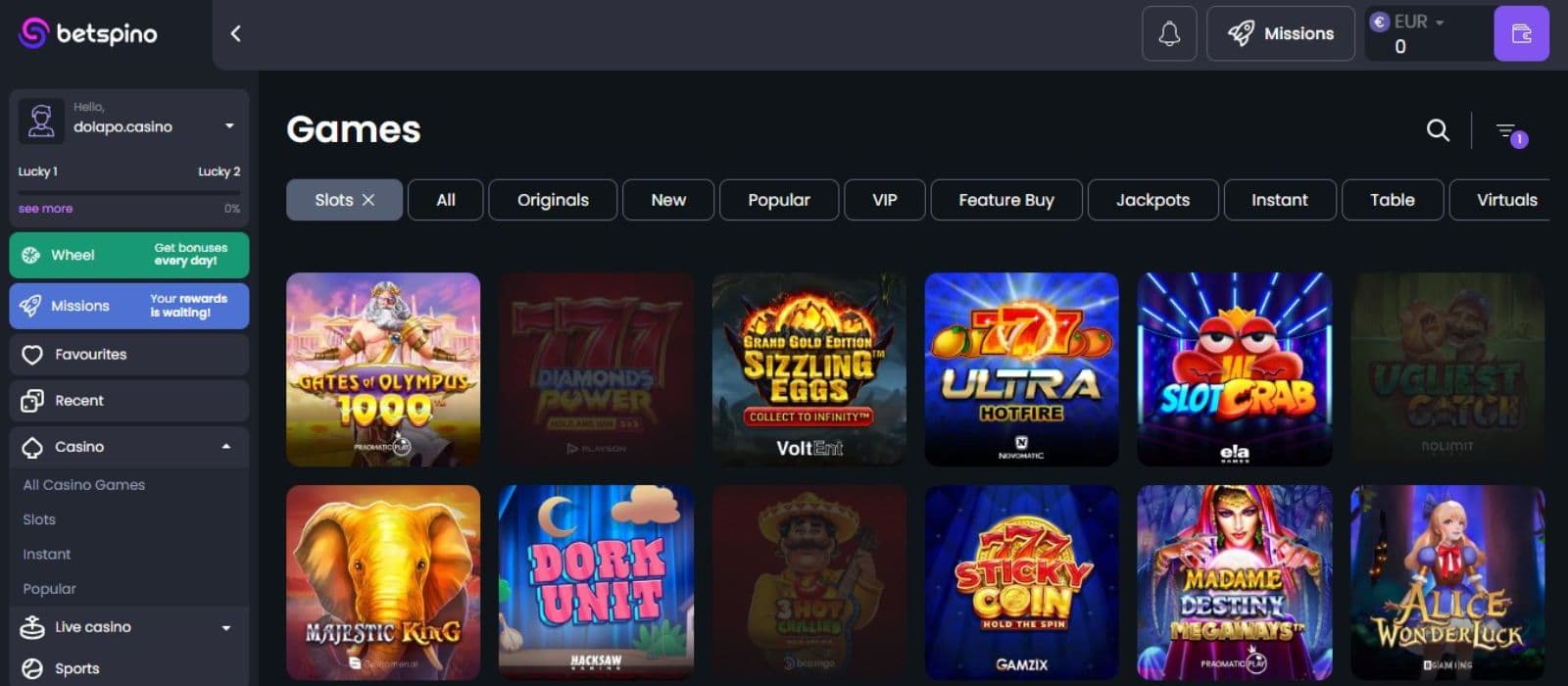 Betspino Casino's slot games category, showing impressive titles like Gates of Olympus 1000.