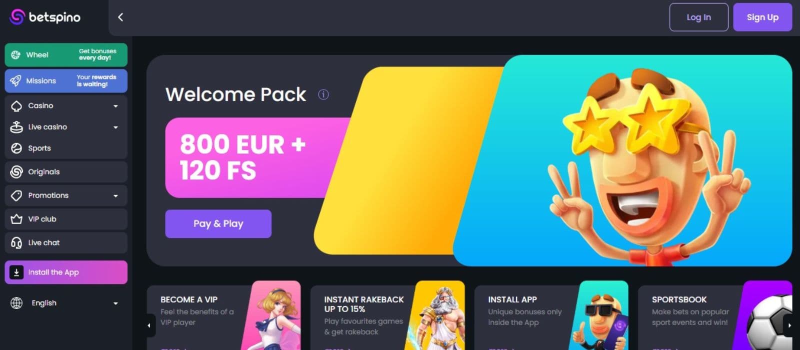 Betspino Casino's homepage, showing the welcome bonus package and a sidebar menu.