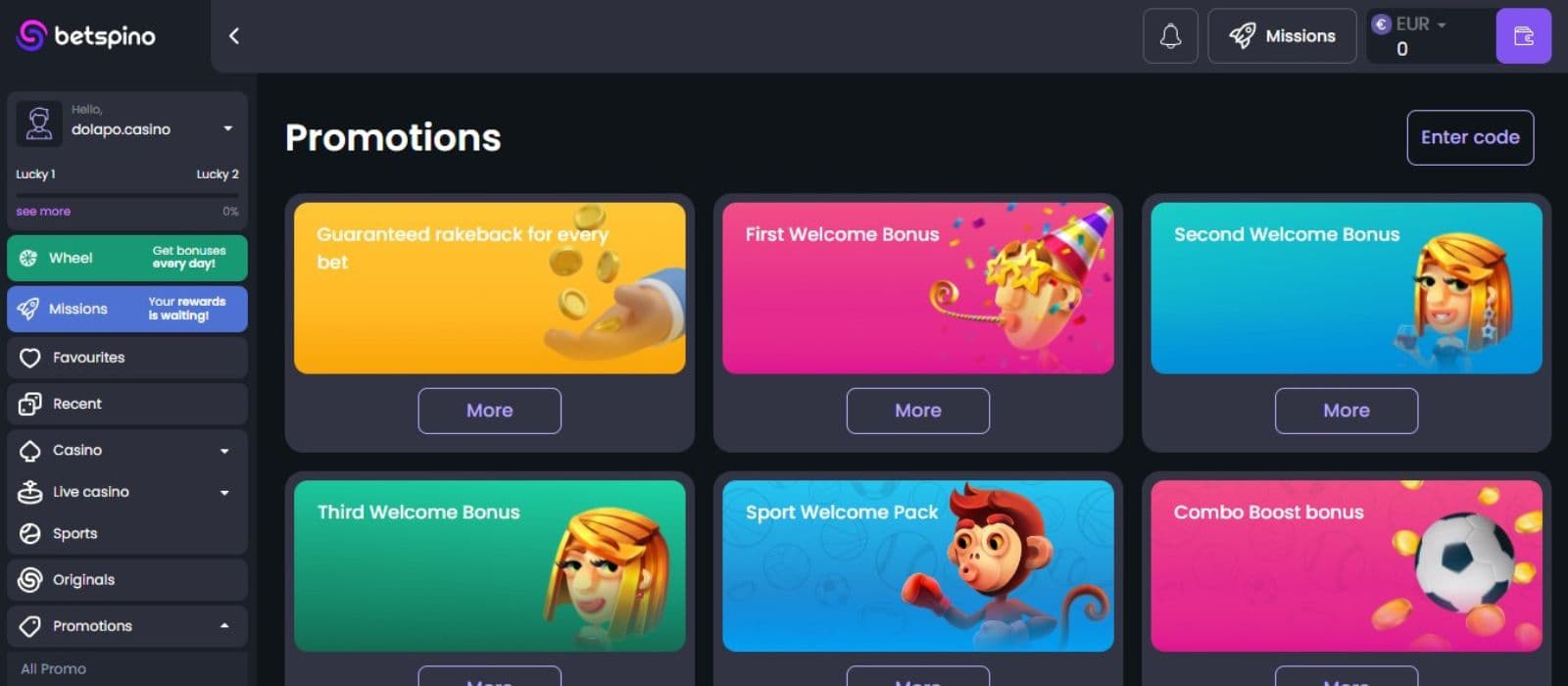 Betspino Casino's promotions page, showing the welcome bonus pack and other promotions flanked by the sidebar menu.