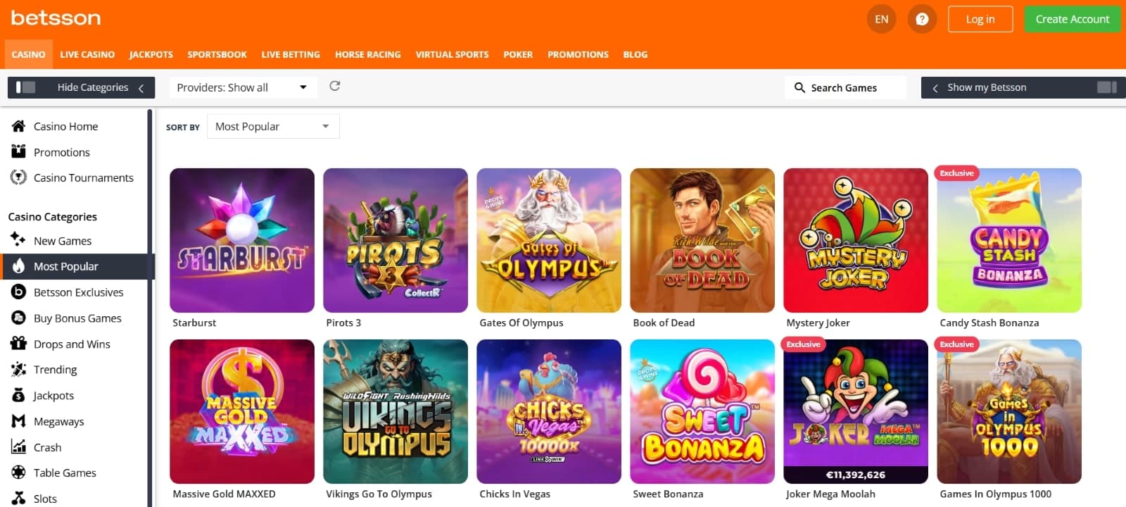 Betsson Casino games page features slots, progressive jackpots and table games under search filters