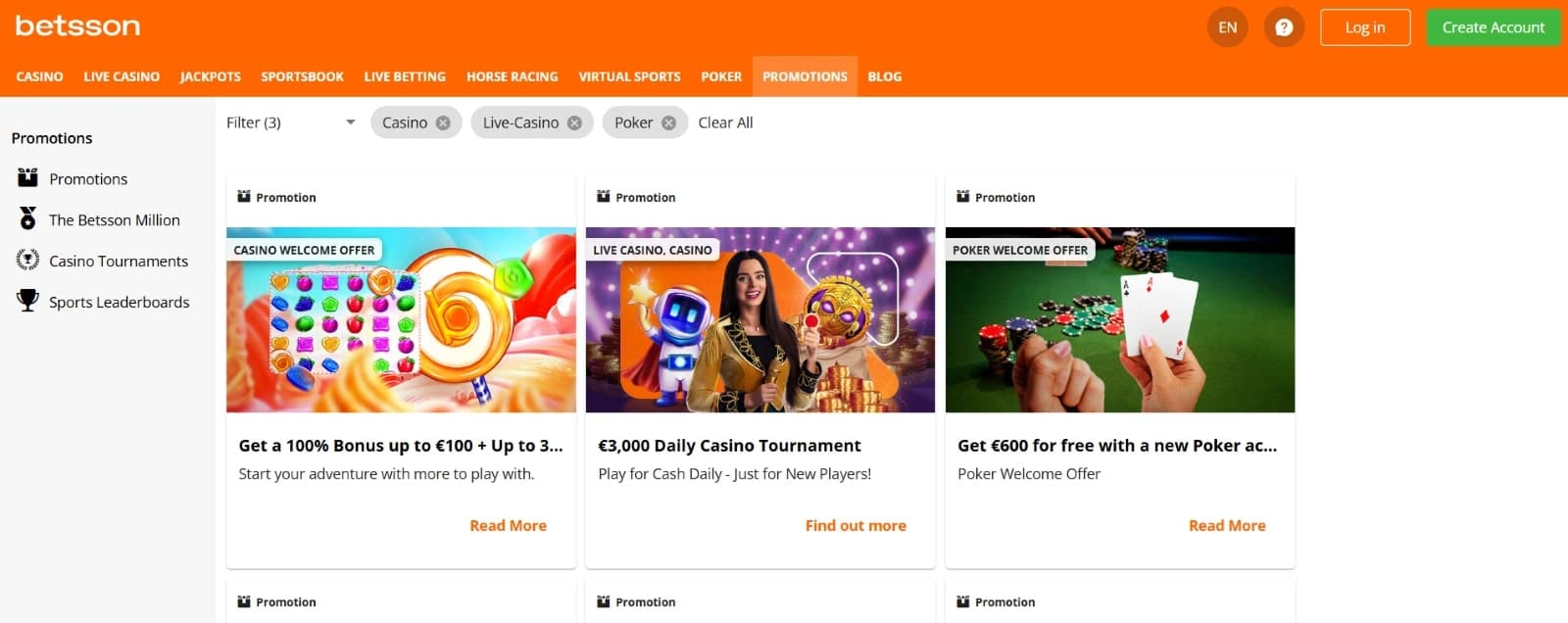 Betsson Casino promotions page with casino and poker welcome bonuses, and daily casino tournament