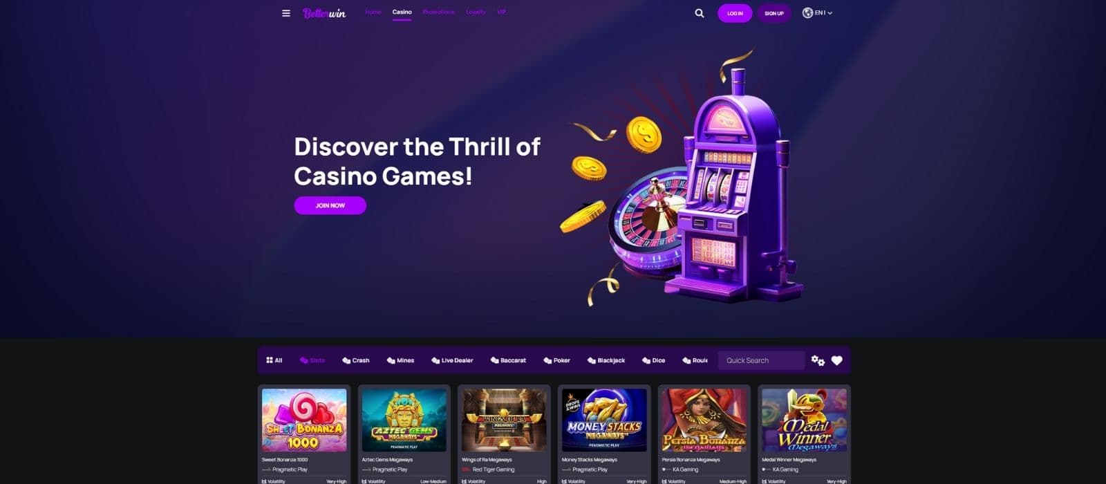 BetterWins Casino games page showing a few casino games and the different game categories. 