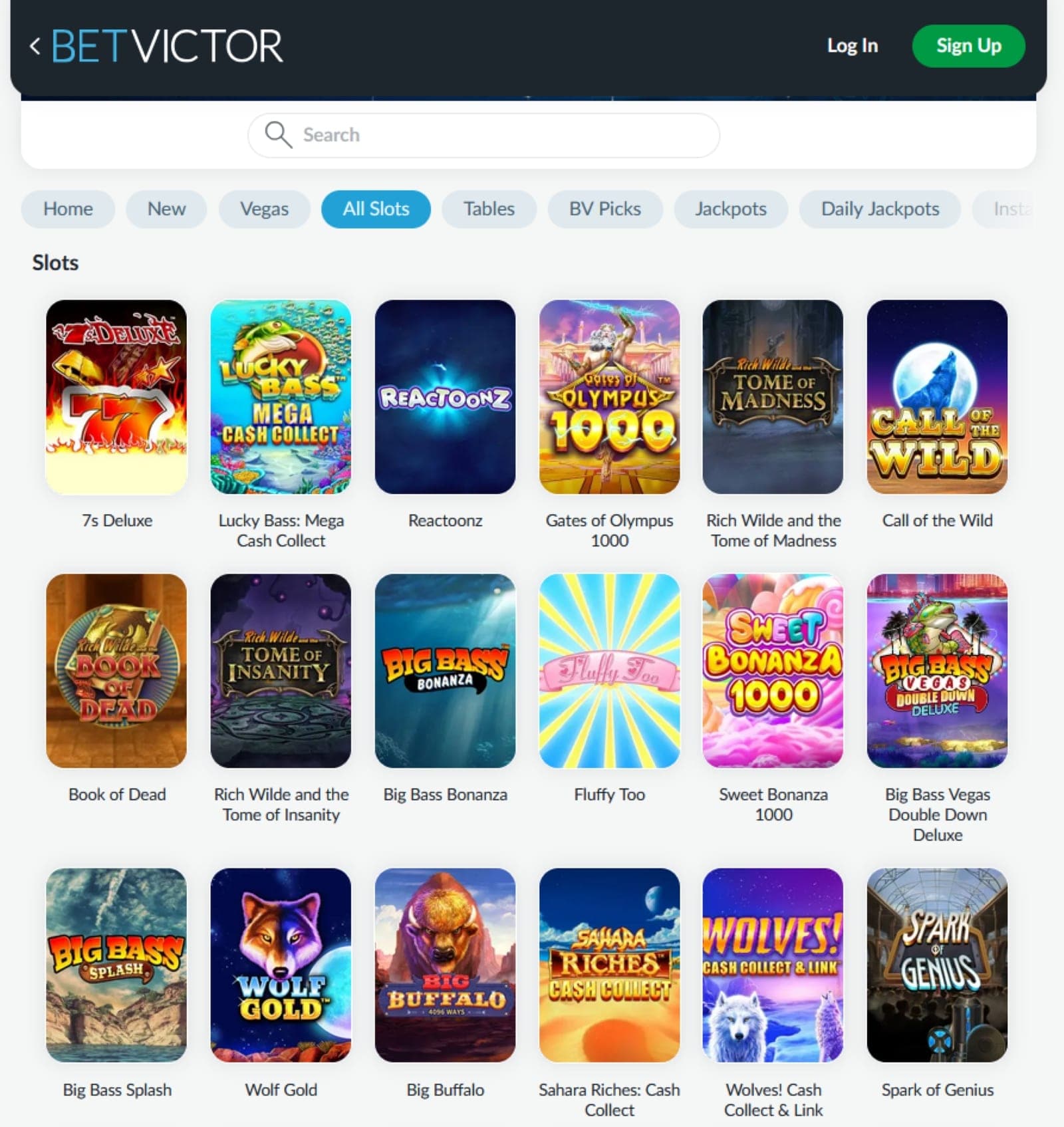 BetVictor Casino games page with slot titles such as Gates of Olympus, Reactoonz and many more under tabs and search bar