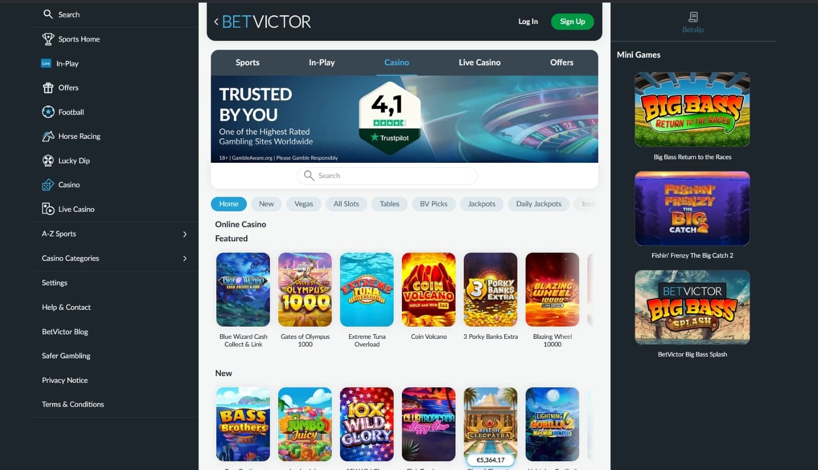 BetVictor Casino landing page with the online casino titles search option, and game categories 