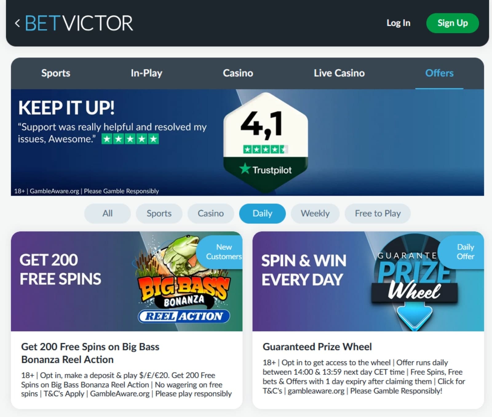 BetVictor Casino promotions page featuring the 200 free spins wager free welcome bonus and spin wheel prizes