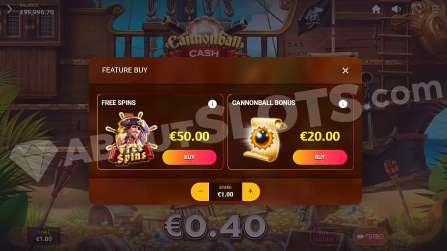 A screen offering the Free Spins for 50X the bet and the Cannonball Bonus for 20X.