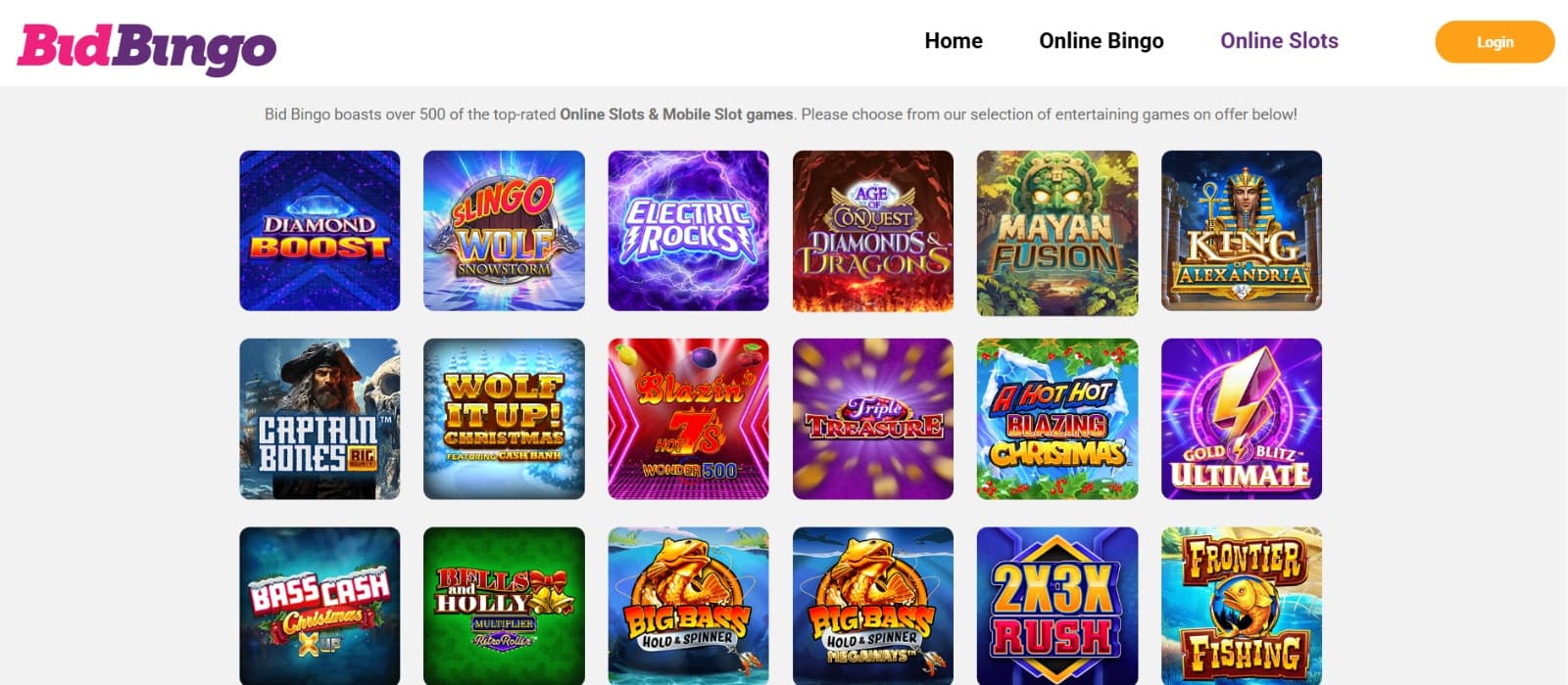 Bid Bingo Casino Games page with slots that feature pirate, Aztec and fishing themes