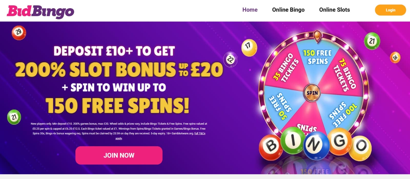 Bid Bingo Casino Landing page with purple and pink Prize Wheel and bingo balls