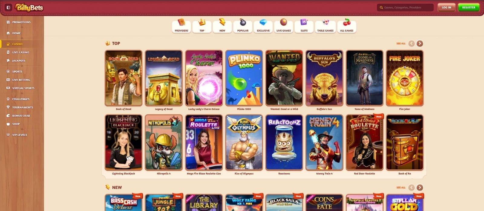 Billy Bets games page showing a selection of the most popular slot games along with the available game categories. 