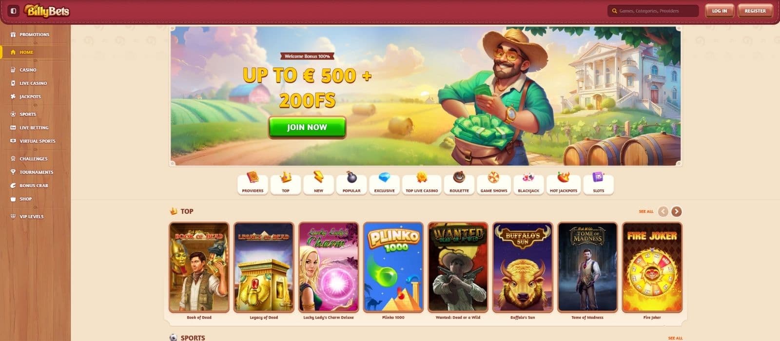 Billy Bets casino's landing page shows a few selected slots, game categories, and the welcome offer. 