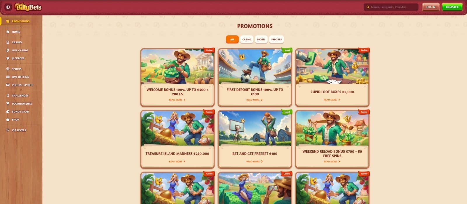 Billy Bets promotions page showing the current casino bonuses and promotions and the different tabs for bonuses in other game sections. 